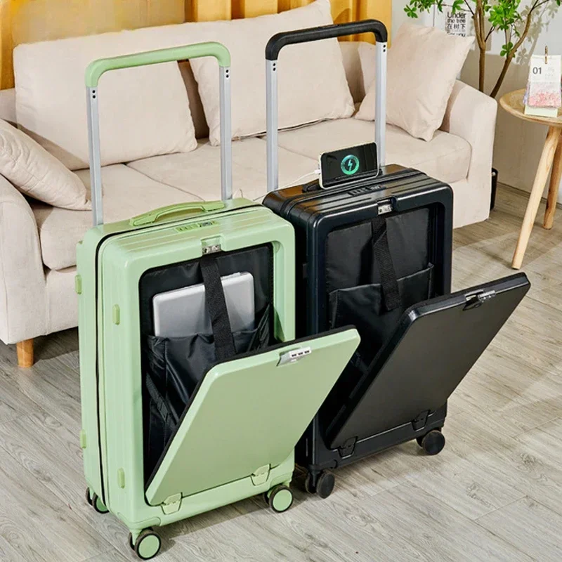 Multifunctional Suitcase Pop-up Front Opening Wide Trolley Case 20Inch Boarding Box with USB Port Water Cup Holder Lugg