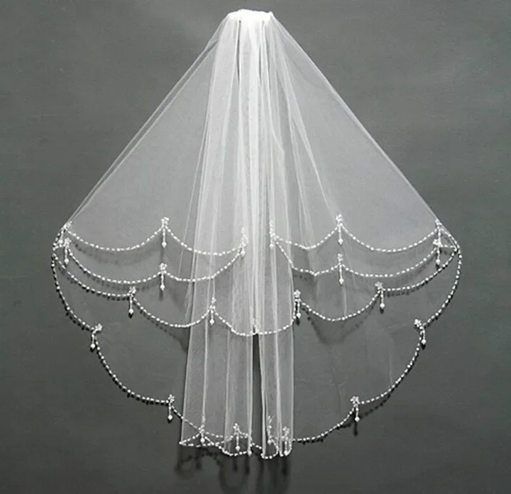 

Luxurious Marriage Bridal Veil Pearls Beaded Plain Tulle Two-Layer Wedding Veil with Comb