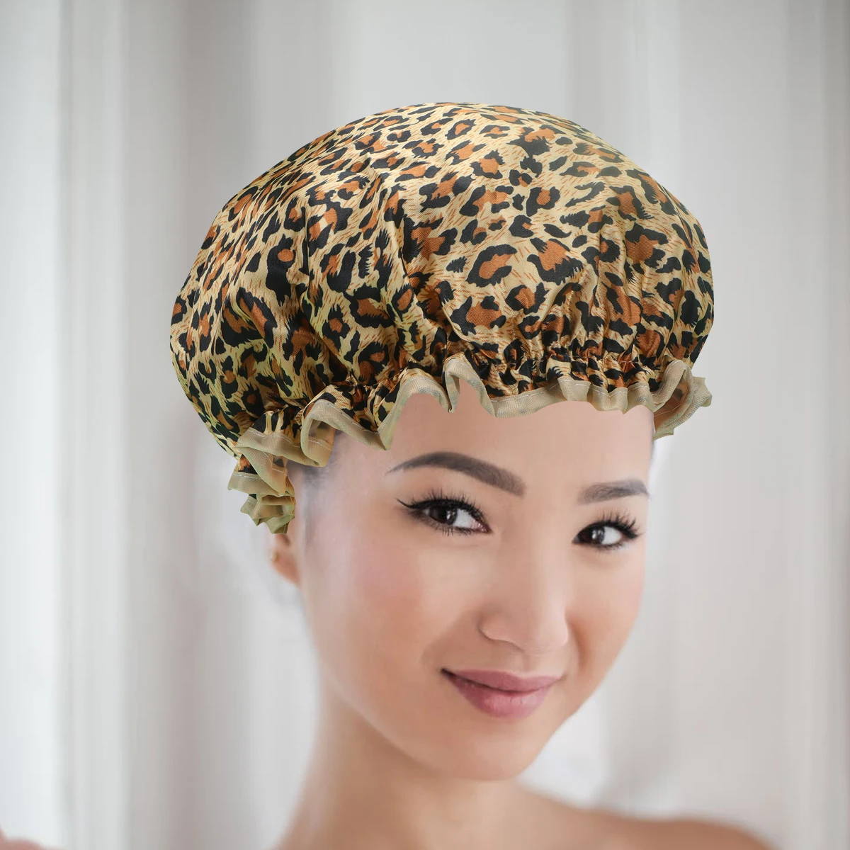 

2pcs Shower Caps Double-layer PEVA Waterproof Elastic Bathing Caps Hair Protective Caps (Leopard Print)