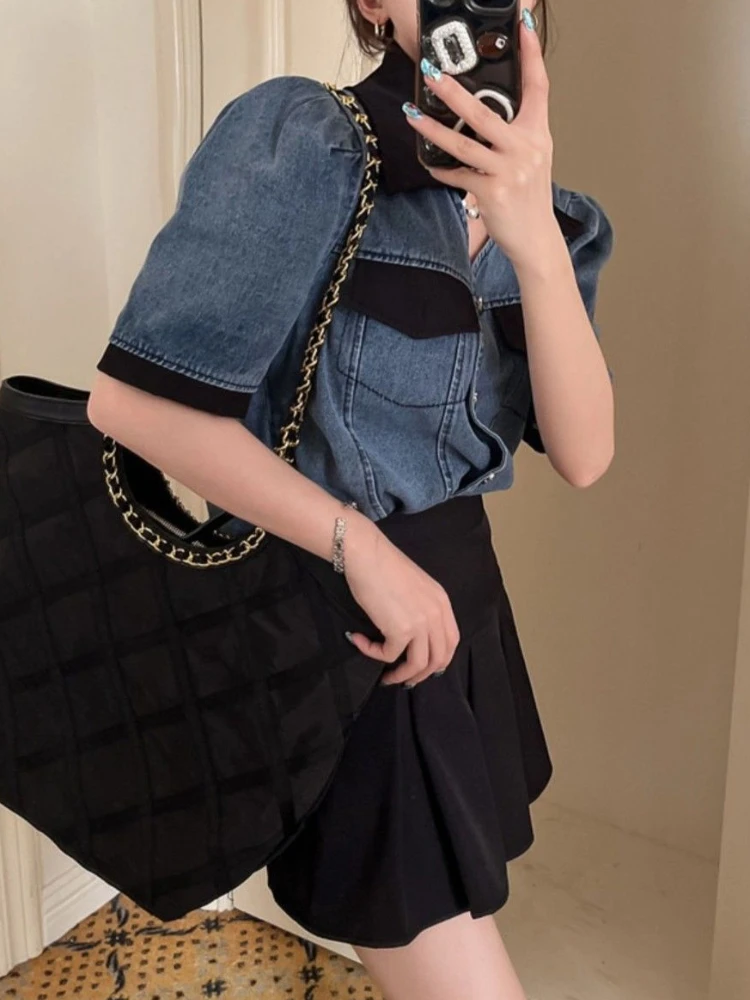 2 Pcs Sets Women Denim Vintage Jackets Pleated Mini Skirts Kawaii Summer Aesthetic Panelled Casual Clothing Minority All-match