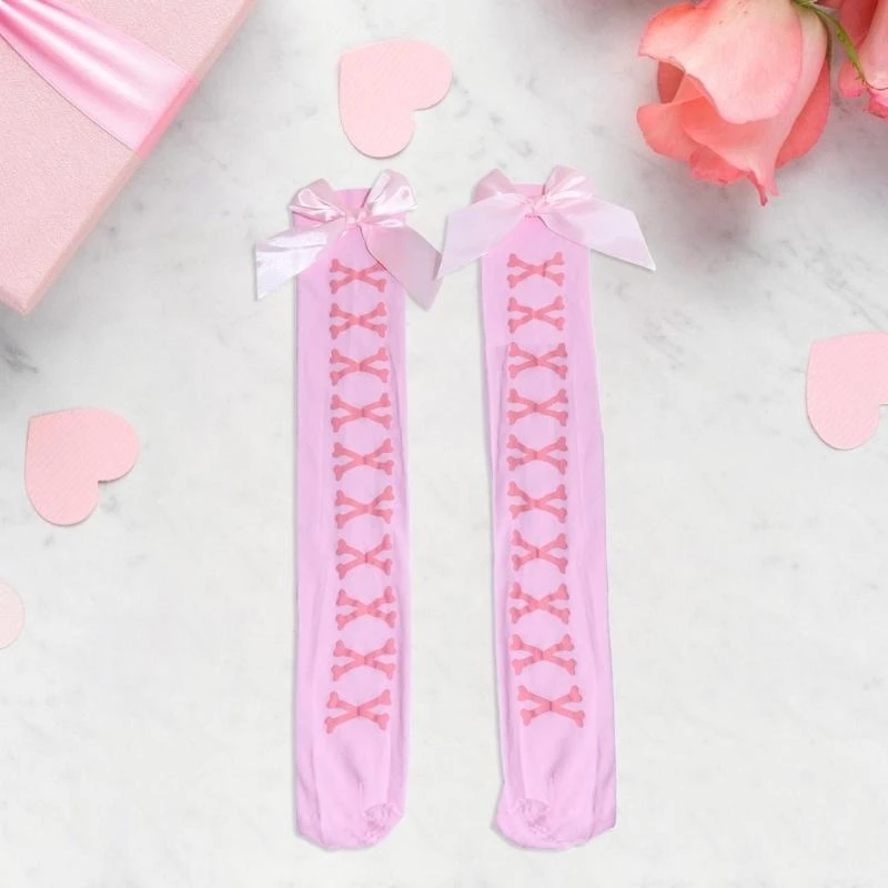 Halloween Sweet Bowknot Thigh High Long Socks Over Knee Stockings Skeleton Printed Tights Cosplay Festival Party