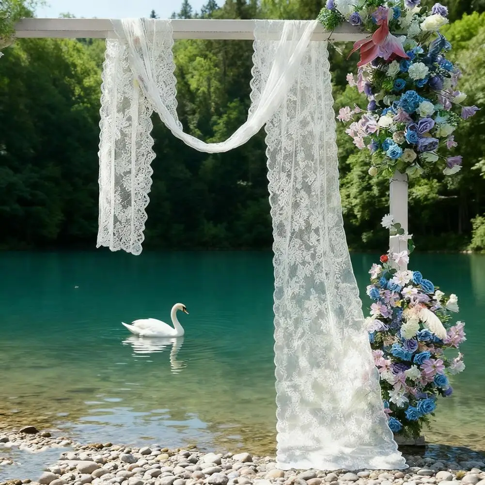 ستارة دانتيل طويلة الأمد أنيقة من الدانتيل الأبيض لحفلات الزفاف قماش ثنيات لديكور الحفل ستارة خلفية شفافة لحفلات الزفاف #1