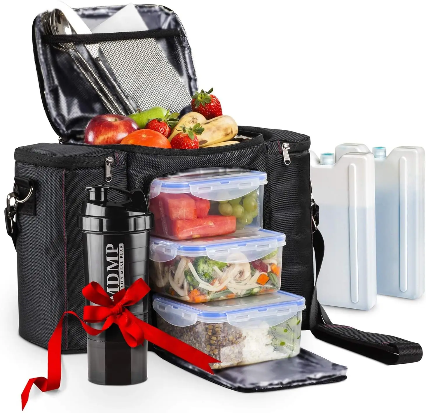 

Insulated Meal Prep Lunch Bag with 3 Large Containers, Ice Packs, and Shaker - Black