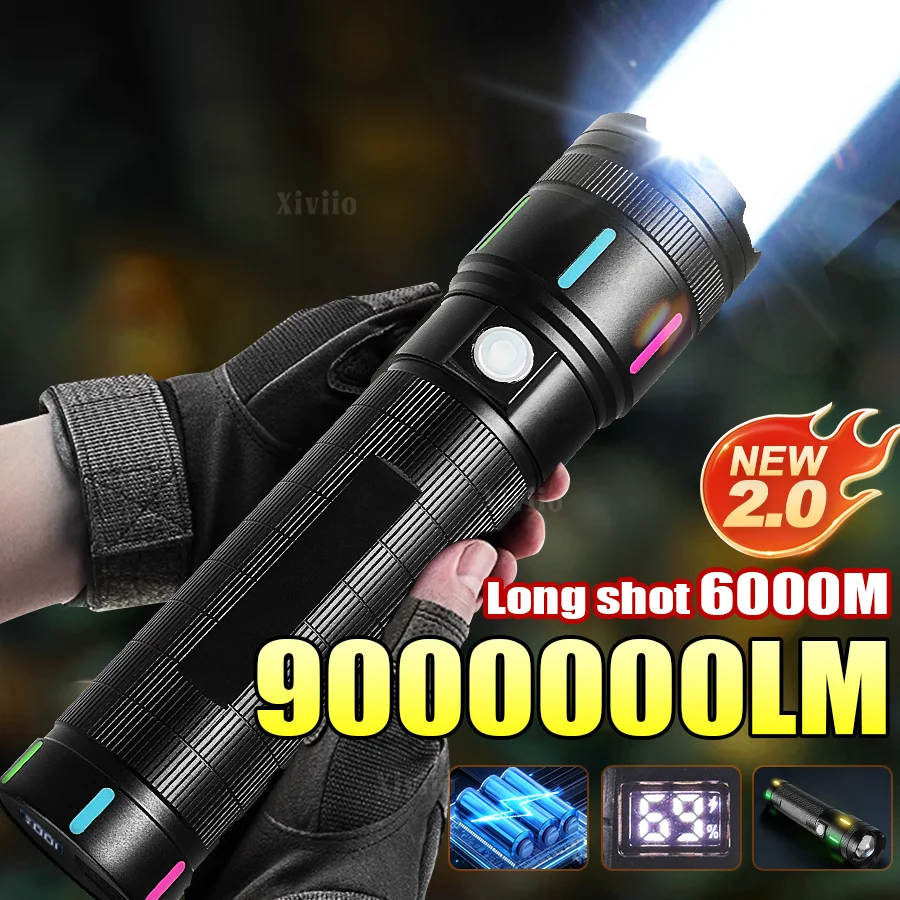 

Ультра яркие светодиодные фонарики дальнего действия 6000 м, мощный фонарик 9000000LM, перезаряжаемая ручная лампа, уличный фонарь для рыбалки