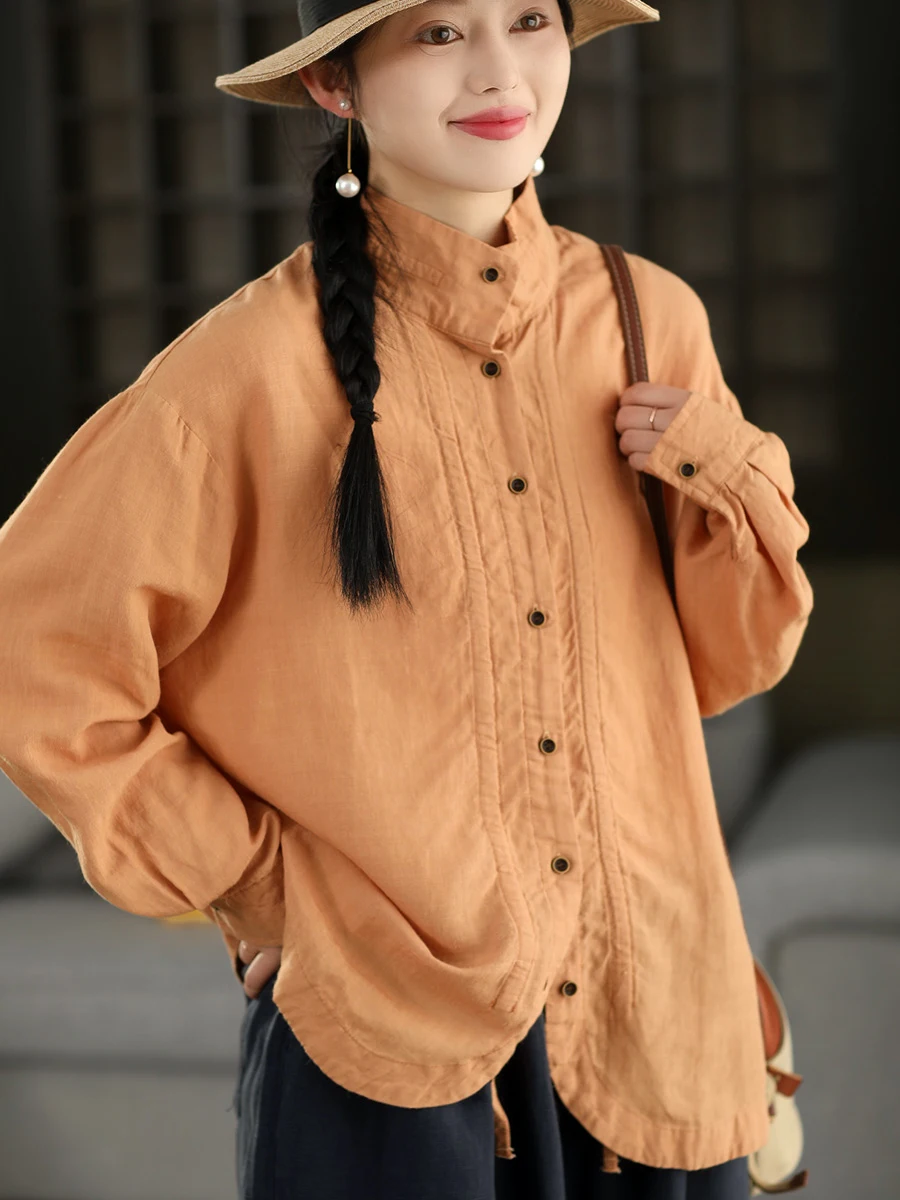 

Retro Style Long Sleeve Shirt Collar Stand up Collar Single Button Tunic Top Women's Comfortable Breathable Loose Fit Blouse