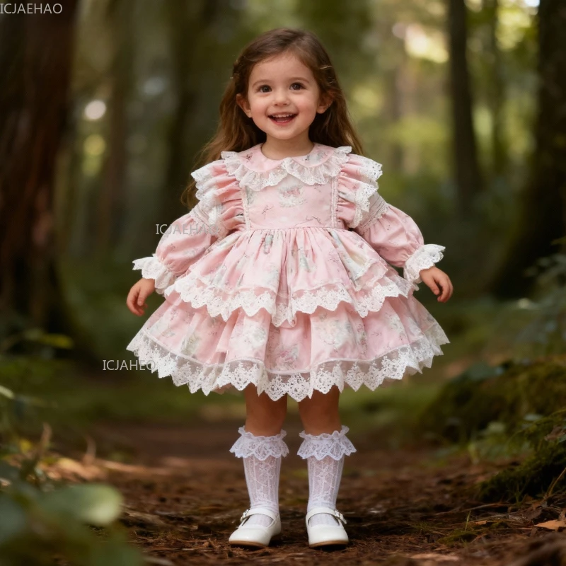 Elegant Ball Pink Dresses Children Girls Long Sleeve Lolita Dress Princess Party Gown Baby Toddler Kids Autumn Winter Costume