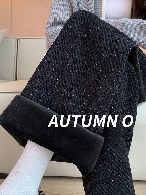 Damen Wollhose mit Weitem Bein, Locker Gestrickte Schlanke Gerade Freizeithose mit Hoher Taille und Gürtel, Wintermode Elegant