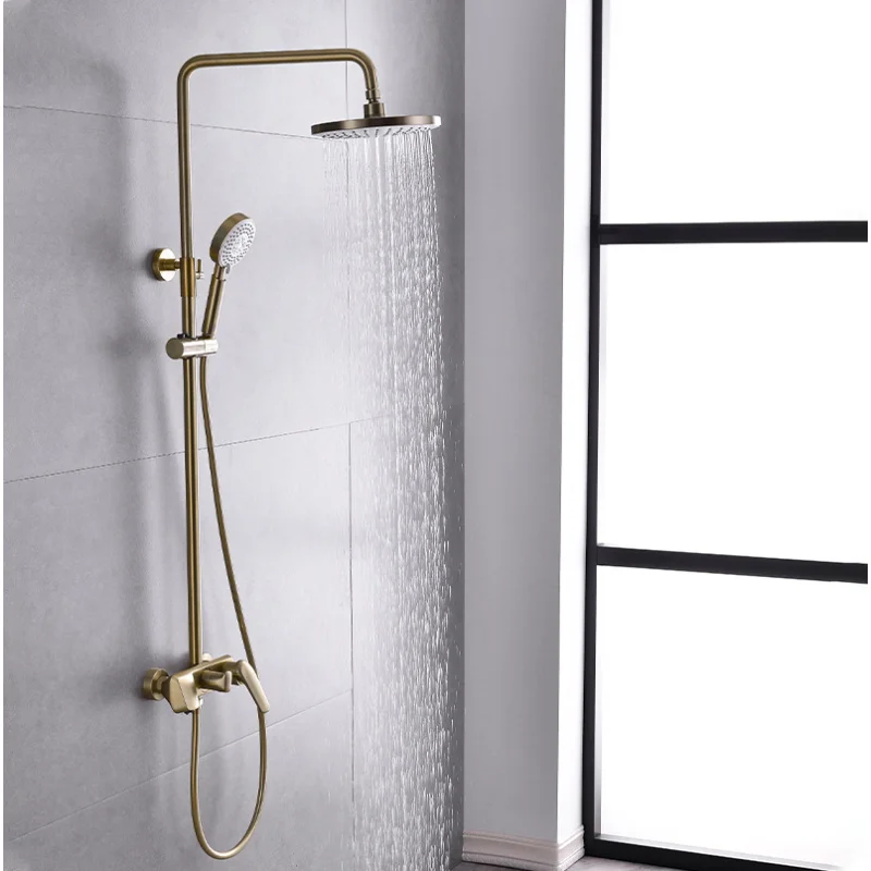 Copper Pressurized Shower  Suit Brushed Gold Multi-function Bathroom Faucet Hot And Cold Water Mixing Valve Nozzle