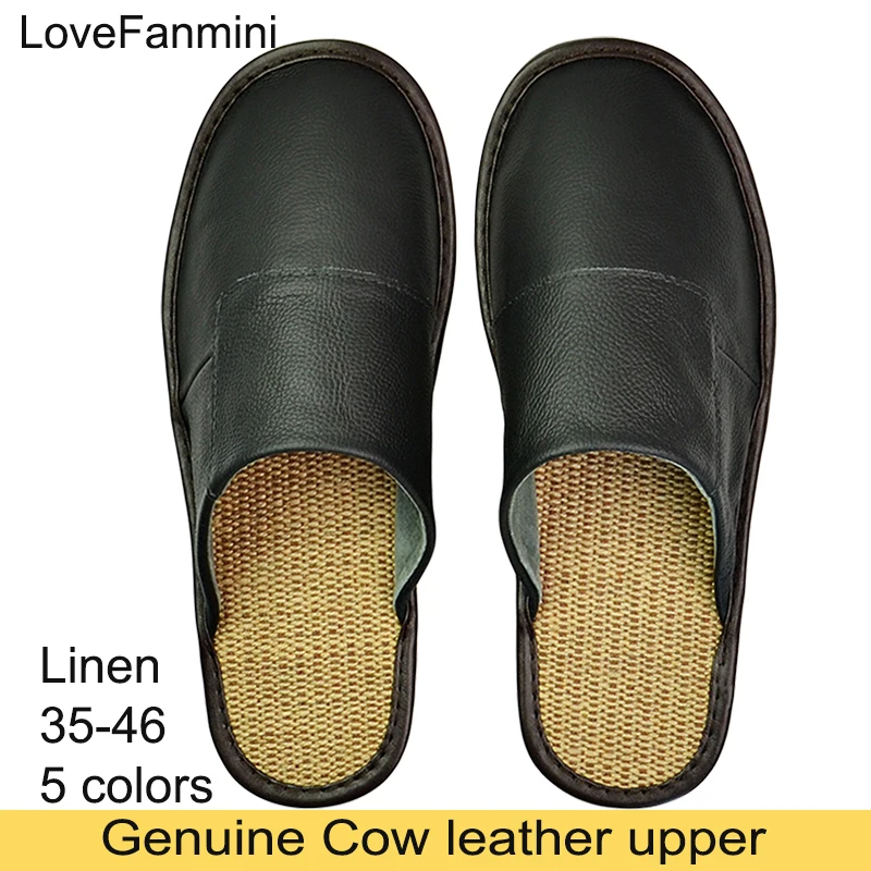 Genuine Cow Leather Linen Slippers Homes in indoor slipper Spring Autumn men women elderly non-slip casual single Slides shoes