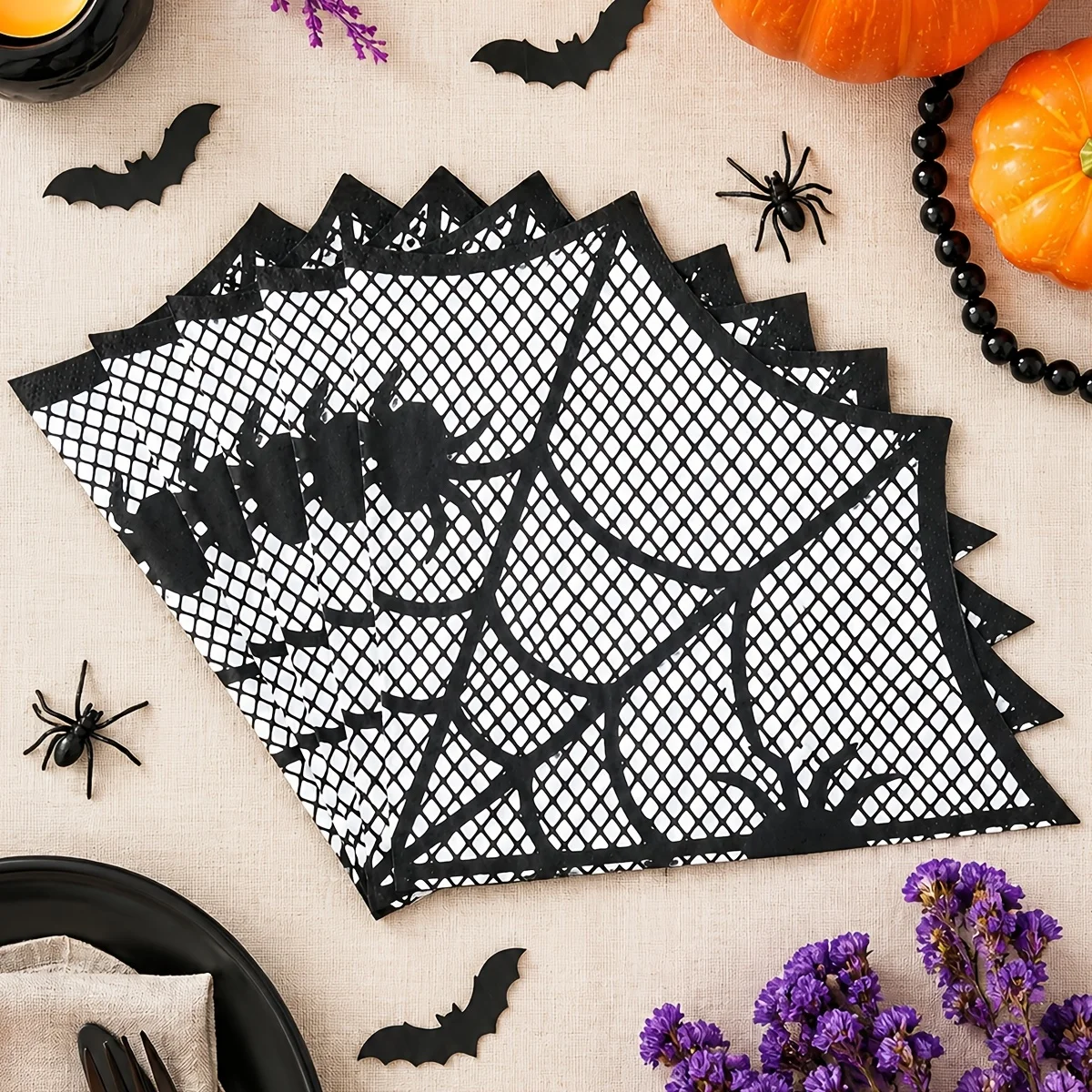40pcs Halloween Spider Web Napkins Black White Disposable Paper Napkins Spooky Party Tableware for Table Dinner Decor Supplies
