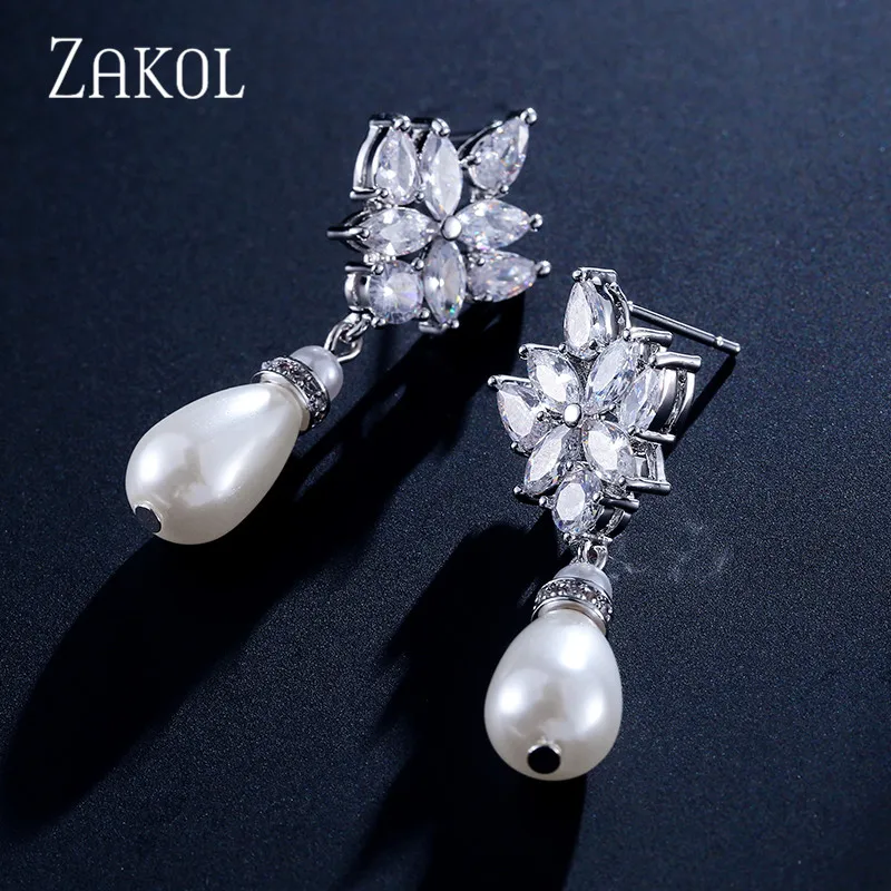 ZAKOL Trendy Marquise Cut Cubic Zirconia Dangle Earrings for Women Fashion Pearl Bridal Wedding Dress Jewelry FSEP2221