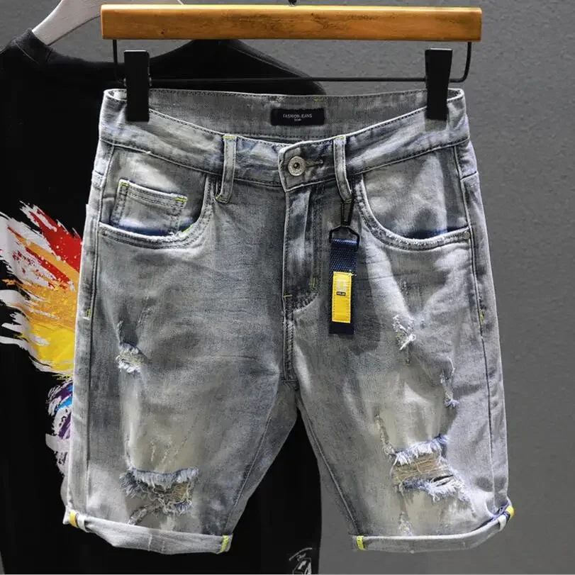 Men Blue Denim Shorts Jeans Stretch Elastic Denim Shorts Hight Quality Male Cotton Straight Fit Jeans Shorts Thin Holes Jeans