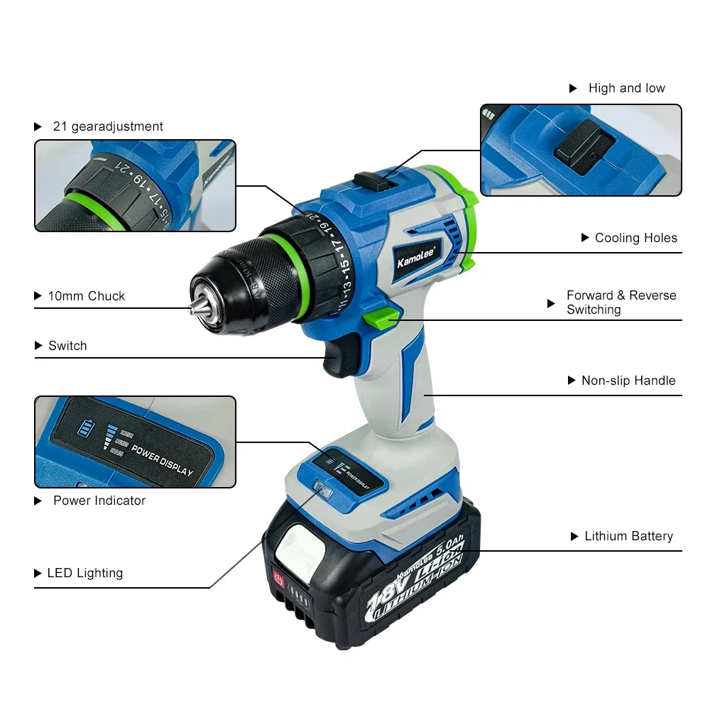 Kamolee 10MM Brushless Electric Impact Drill Cordless Screwdriver Lithium Battery Charging Hand Drill For Makita 18V Battery