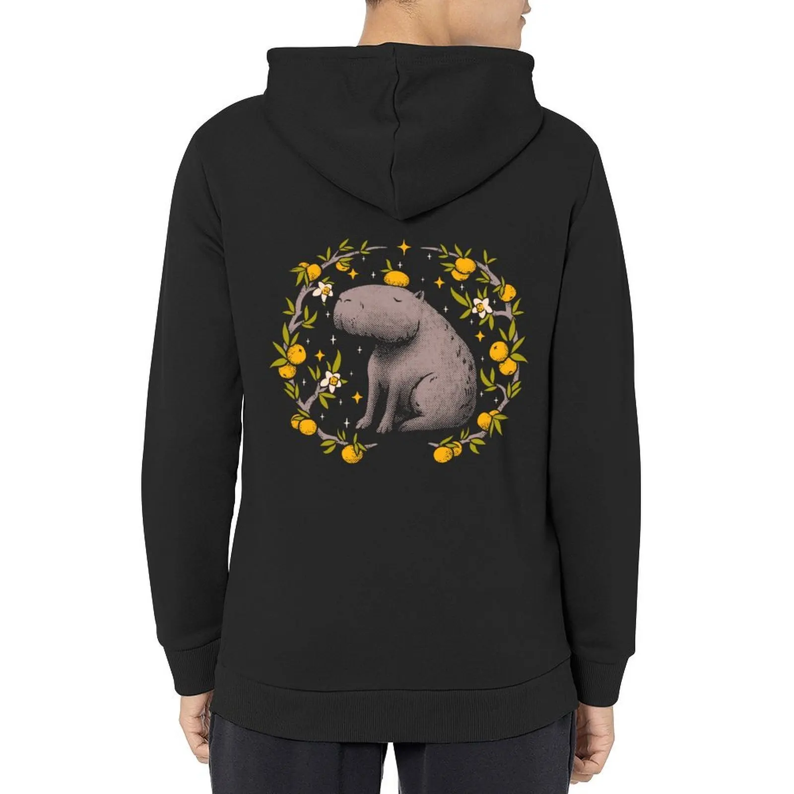 

Goblincore Aesthetic Capybara Chilling With Orange on Head Cottagecore Capy Yuzu Citrus Fruit Blossom Flowers Meditating Hoodie