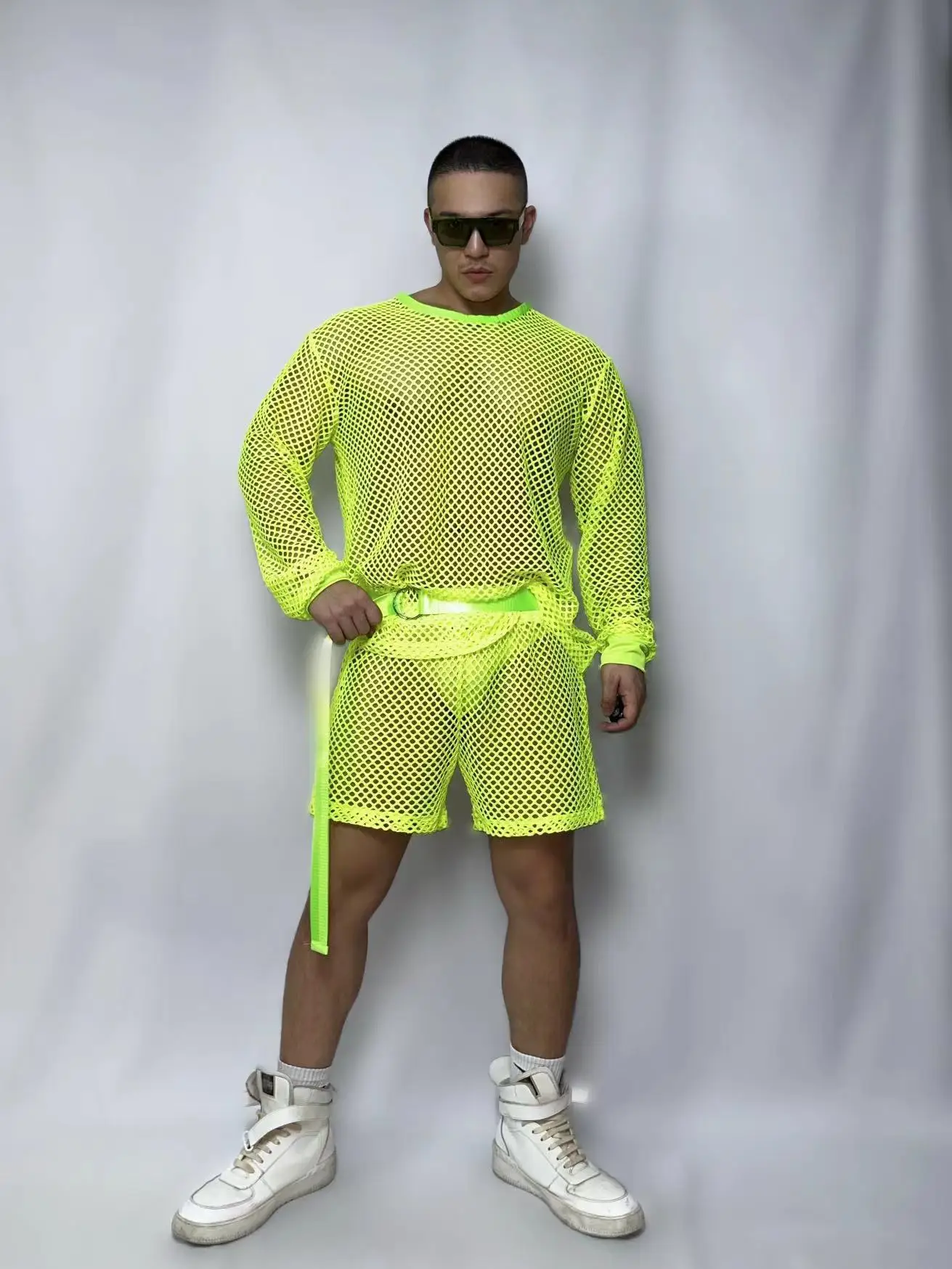 Jazz Hip Hop Dance Costume For Male Dancer Fluorescent Green White Hollow Out Outfits Bar Nightclub DJ Gogo Performance Clothing