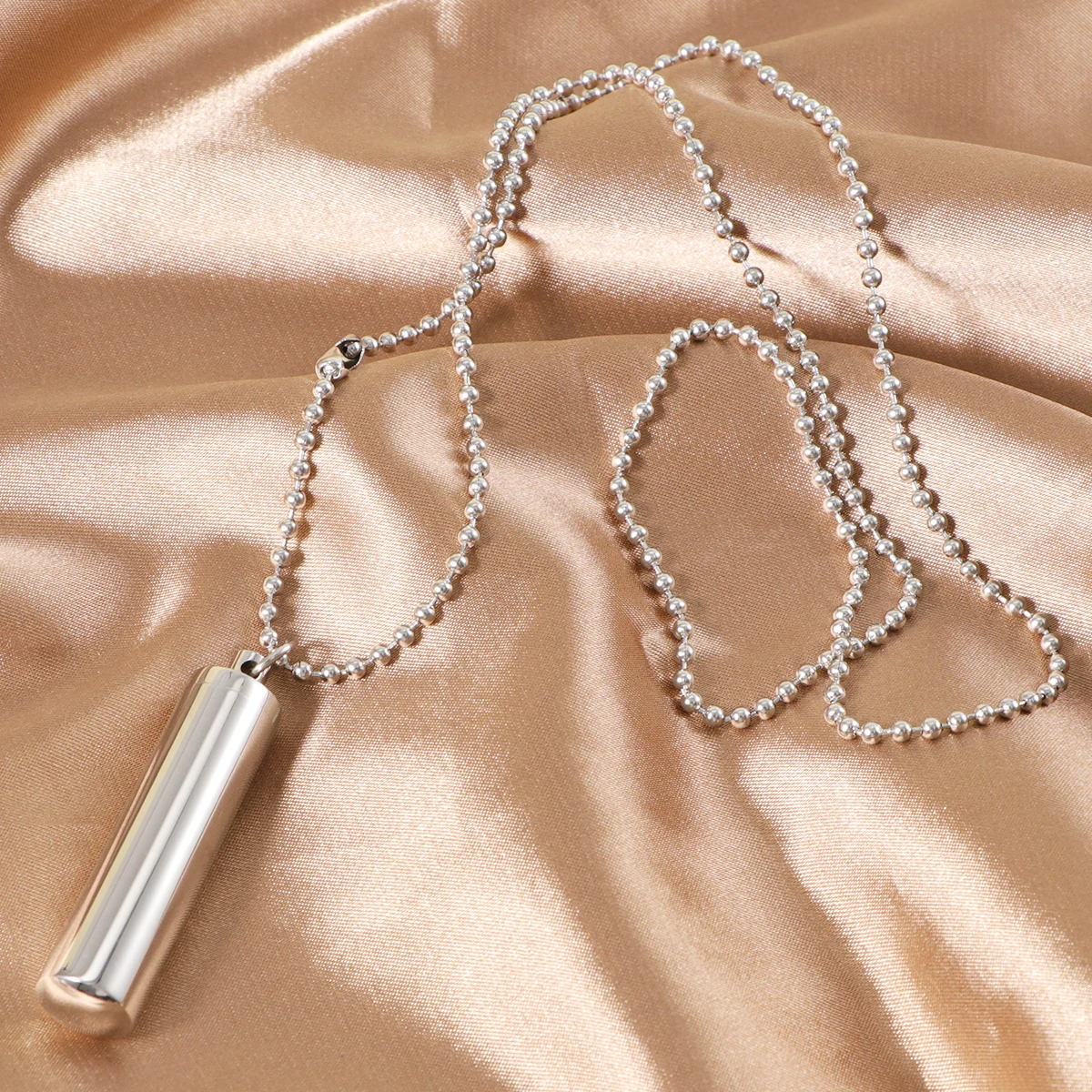 

Silver Stainless Steel Necklace Cylinder Pendant 49x9mm Pill Case Holder Memorial Urn Keepsake Stainless Steel Necklace