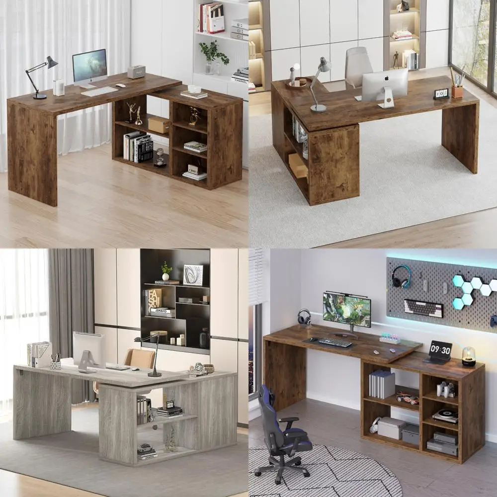 

L-Shaped Computer Desk with Storage Shelves and Open Cabinet for Home Office Writing