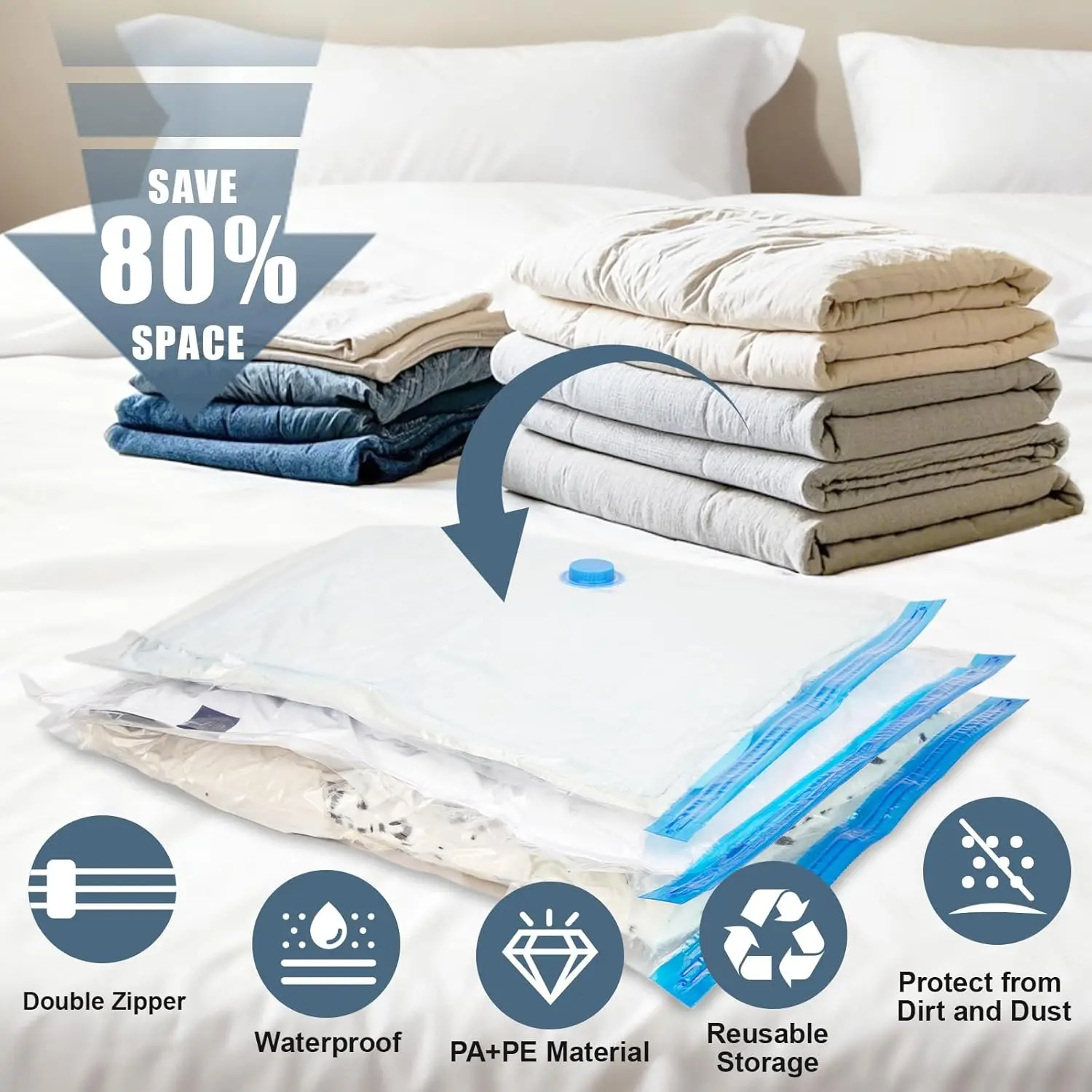 30 Pack Vacuum Storage Bags with Pump Space Saver Storage Bags Vacuum Seal Bags for Clothing Pillows Bedding Travel Organizer