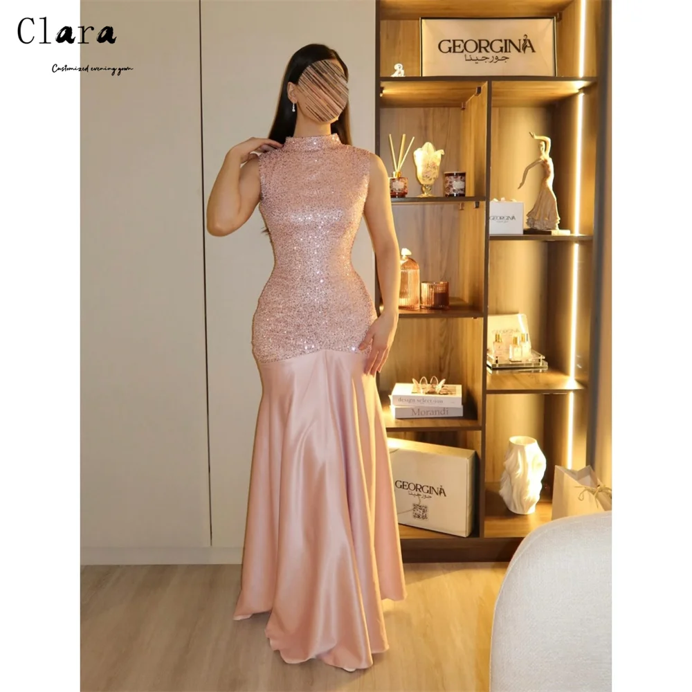 

Роскошные вечерние платья Clara Custom 2026: розовое блестящее платье-русалка с круглым вырезом для выпускного вечера, индивидуальный пошив для торжественных мероприятий и гала-вечеров