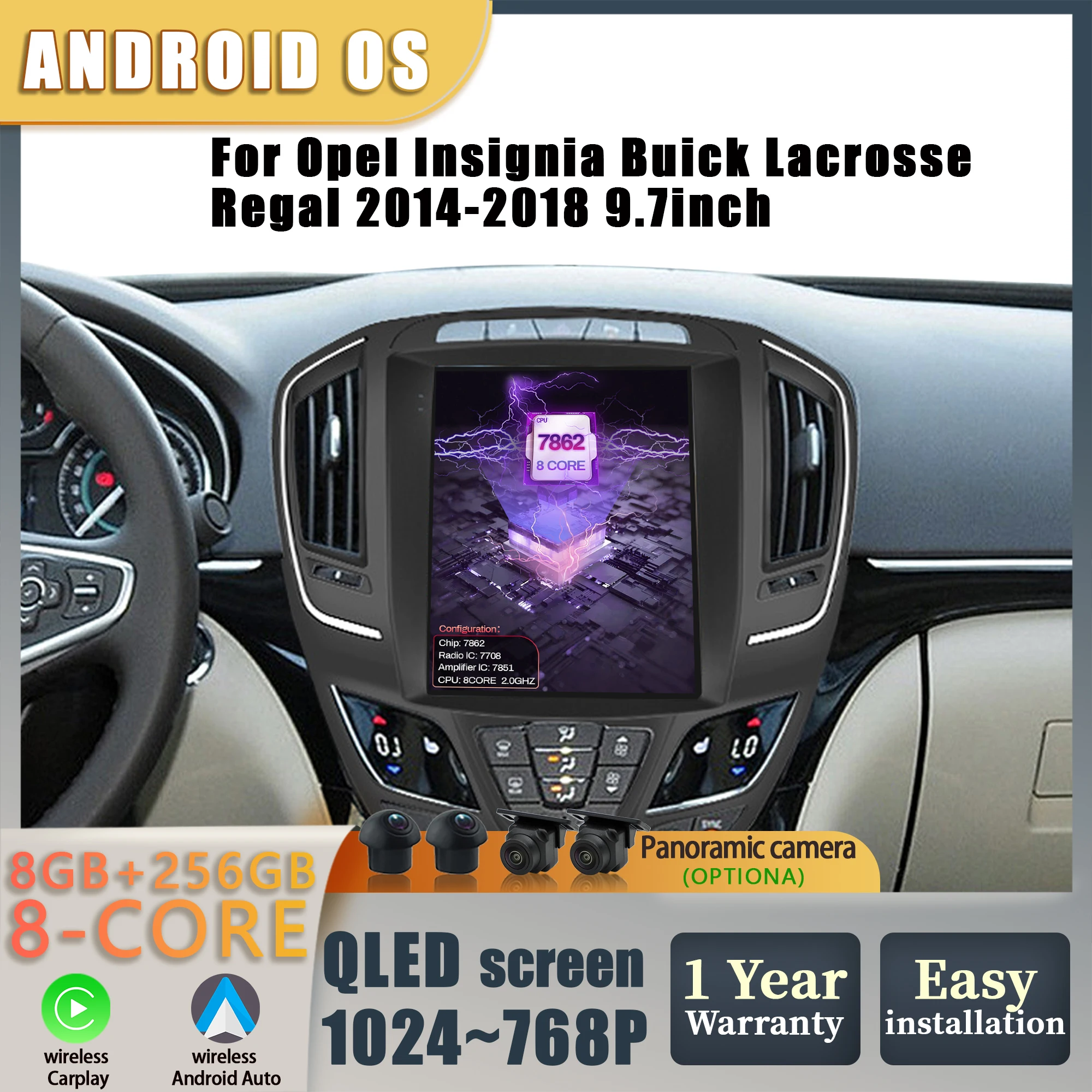 9.7 "لأوبل إنسيجنيا بويك لاكروس ريجال 2014 2015 2016 2017 2018 راديو السيارة BT Carplay الوسائط المتعددة الملاحة QLED الشاشة