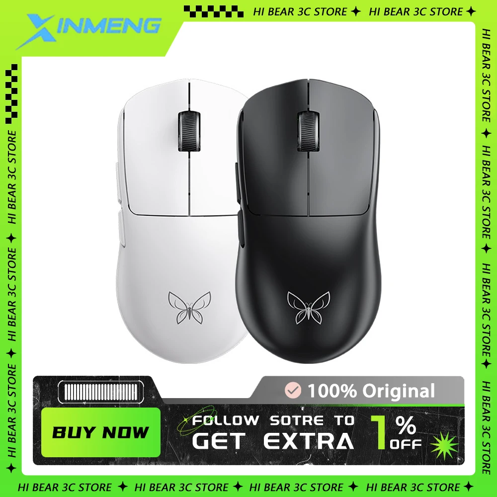 XINMENG Butterfly Wireless Mouse PAW3395 Sensor Three Mode Gaming Mouse 48g Light Weight 600mAh Ergonomics Pc Gamer Mac Office