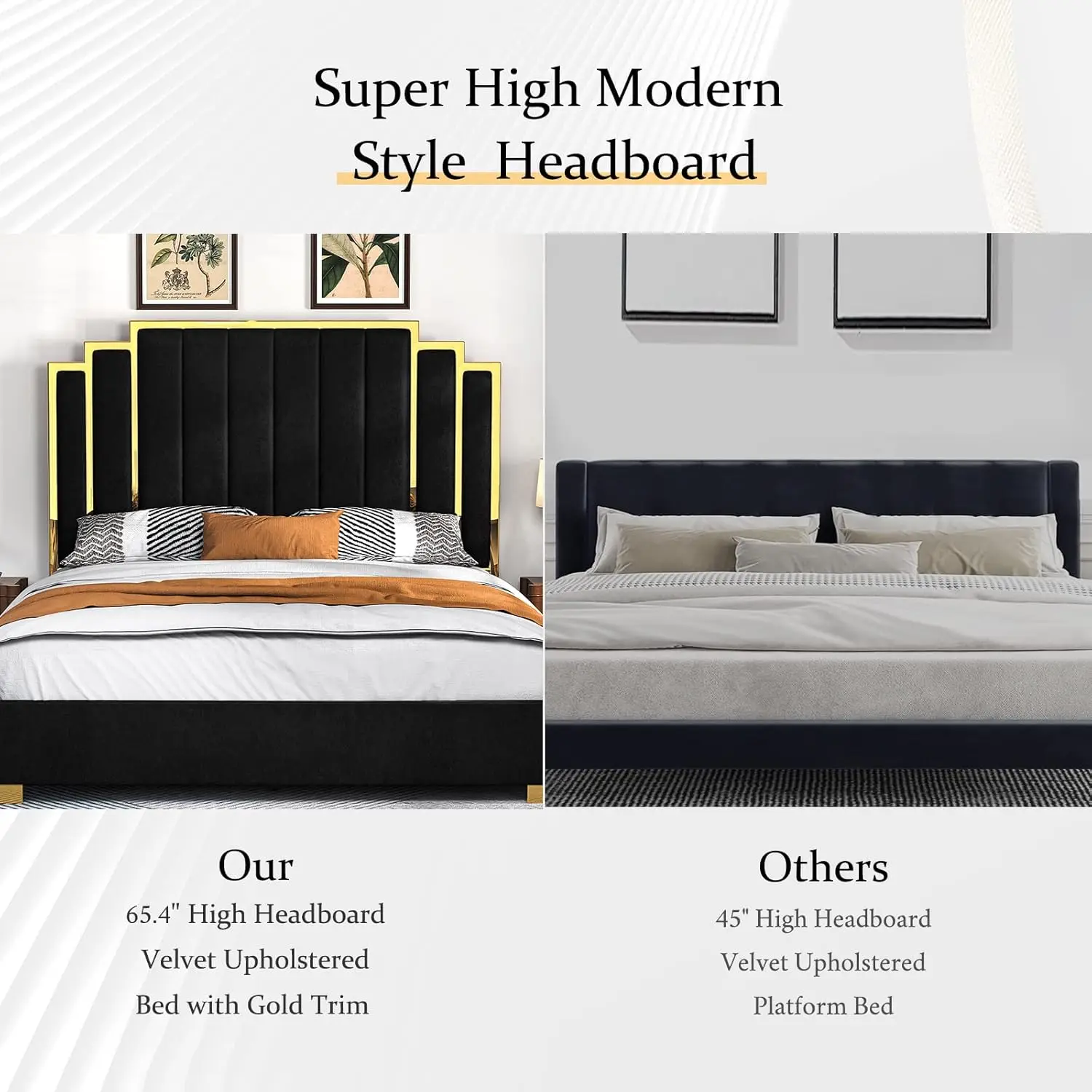 Marco de cama con plataforma tamaño King, cama tapizada de terciopelo de 65" con cabecero con ribete dorado/lamas de madera/no necesita somier/negro