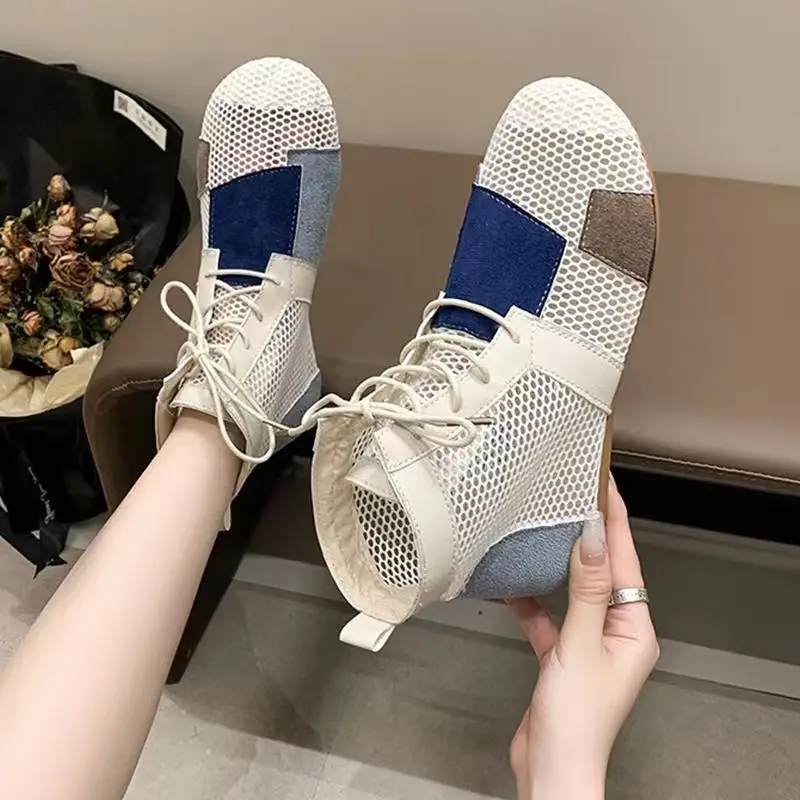 New Summer Women's Mesh Hollow High Top Flat sole Boots Soft Sole Non Slip Breathable Lace Up Mixed Colors Sandals image 6