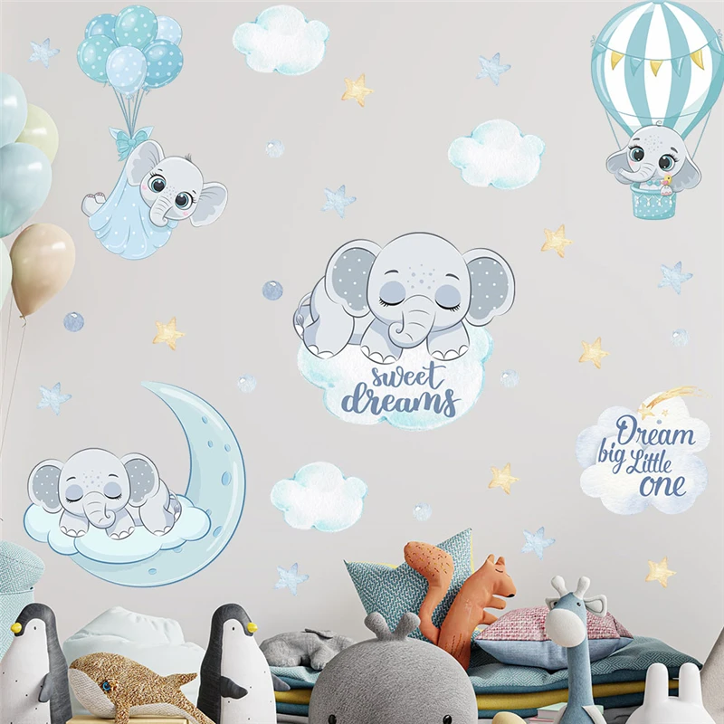Cute Elephant Sleep With Moon Cloud Star Wall Sticker For Kids Bedroom Decor Animal Mural Art Diy Home Decal Pvc Poster