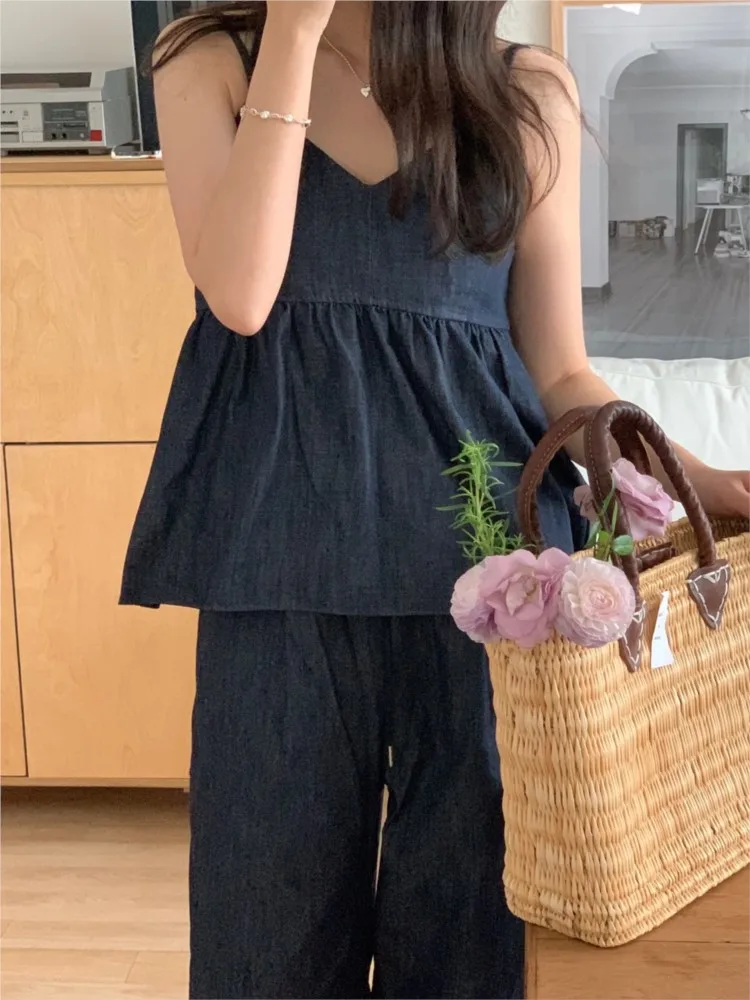 Denim Summer 2 Two Piece Set Women Sleeveless Fashion Ruffle Ladies Cropped Slip Tops Casual Loose Korean Woman Wide Leg Pant