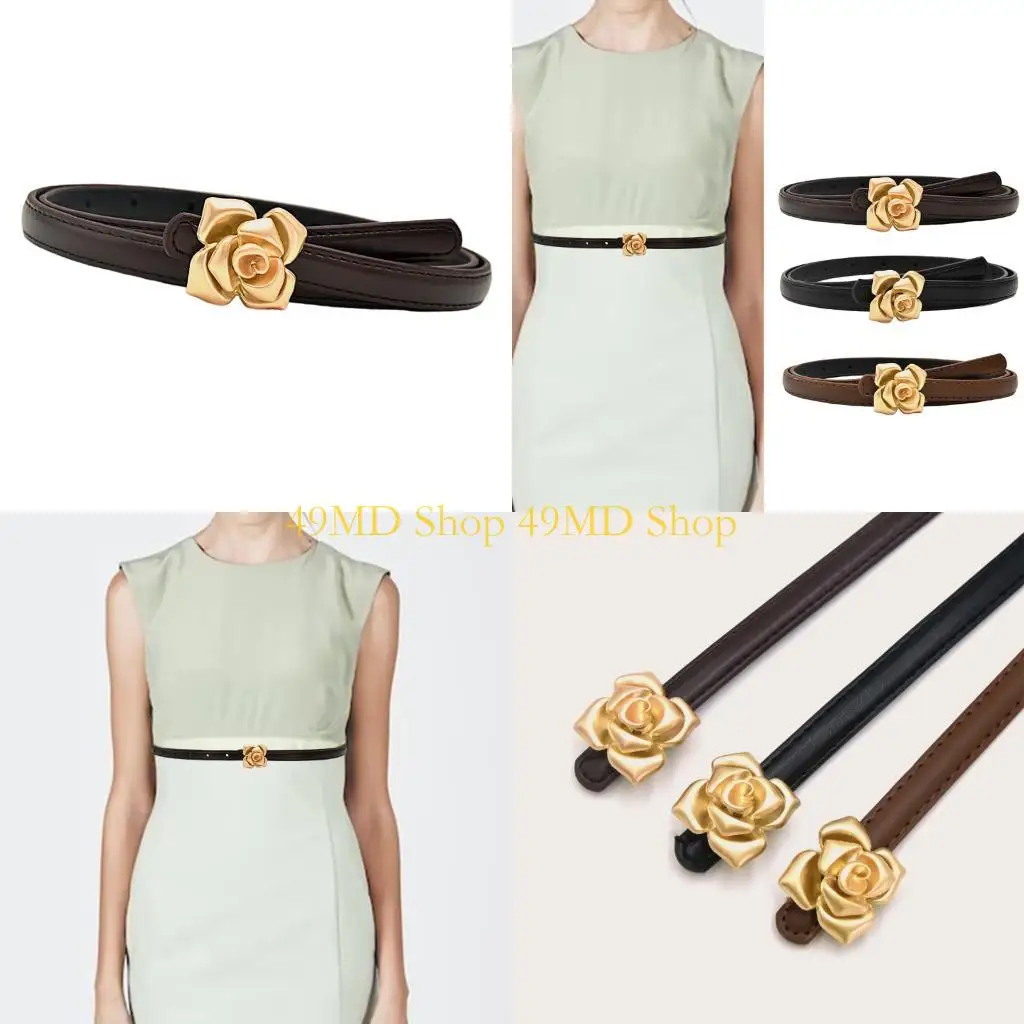 49MD Women Slender Leather Belt Rose Metal Button Adjustable Daily Wear