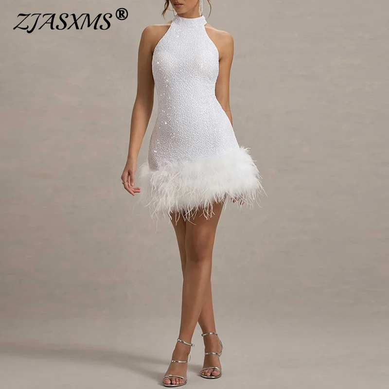 2025 Spring Glitter Sequin Shiny Party Dresses Women Sexy O Neck Patchwork Feathers Mini Dress Summer Sleeveless Zip Tight Dress