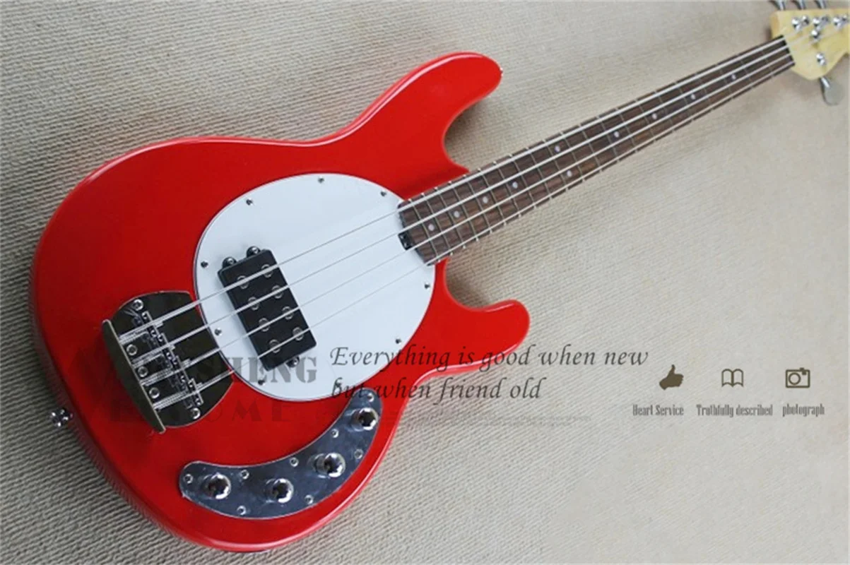 Red bass 4 Strings Bass Guitar Maple Neck Rosewood Finerboard Active Battery Ray Bass white guard strings though body