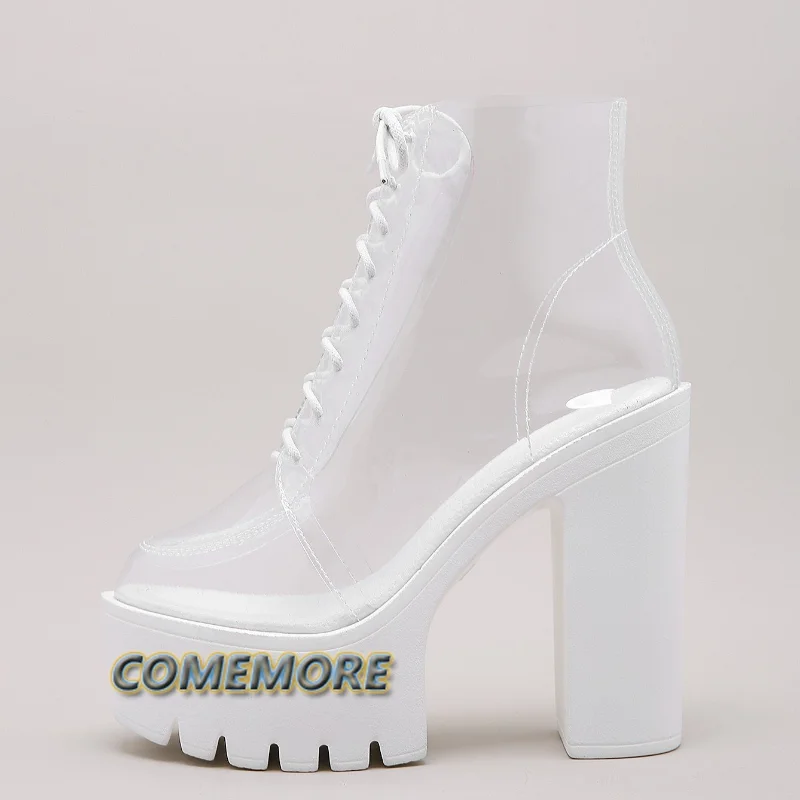 2023 Spring New Women Boots Fashion Round Head Waterproof Platform Transparent Lace Up Thick High Heels Nightclub Ankle Boots PU