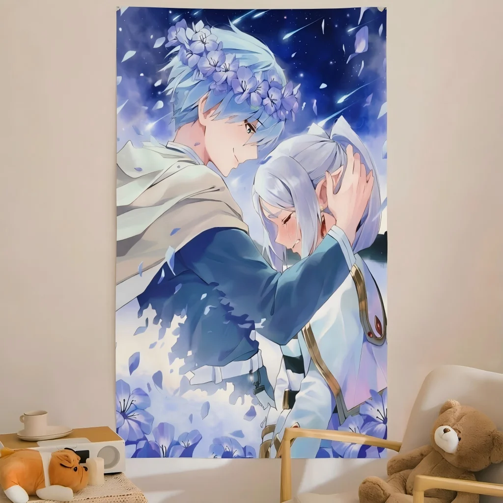 1pc F-Frieren & Himmel Couple Tapestry Starry Sky Purple Flower Print Wall Hanging Romantic Anime Decor Bedroom Dorm Otaku Fans