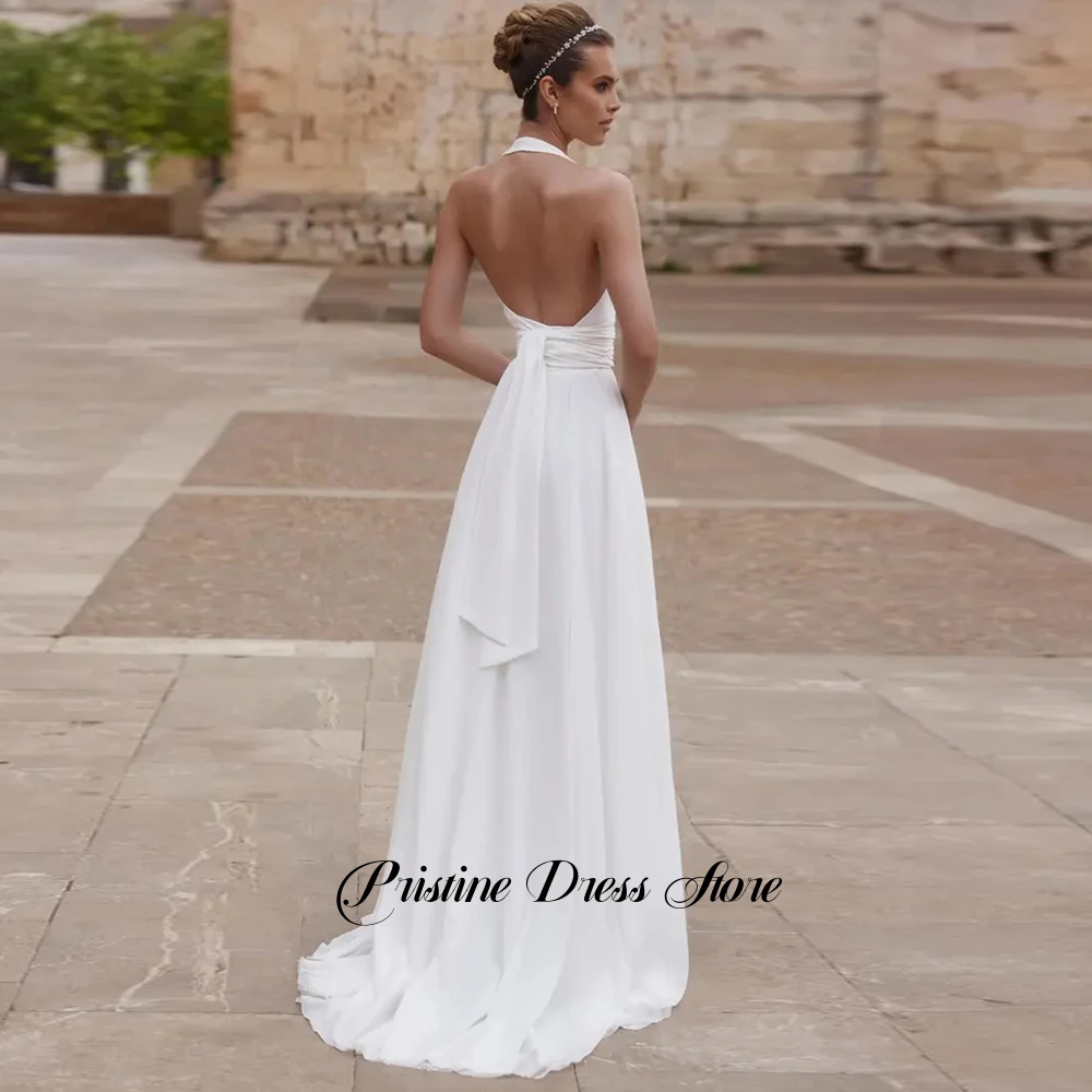Bohemian Chiffon V-Neck Wedding Dress Bride Customized Sleeveless Side Slit Jersey Backless Pleats Bridal Gowns with Sweep Train