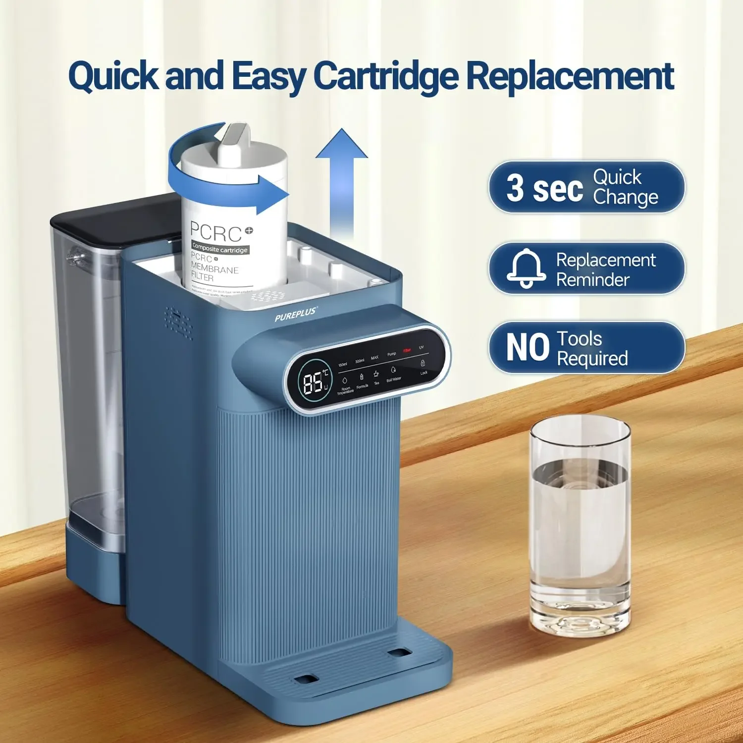 5 Stage Countertop Water Filtration, Portable Instant Hot Water Dispenser, 4 Temperature Options,  PP-WFC-DA-Blue USA