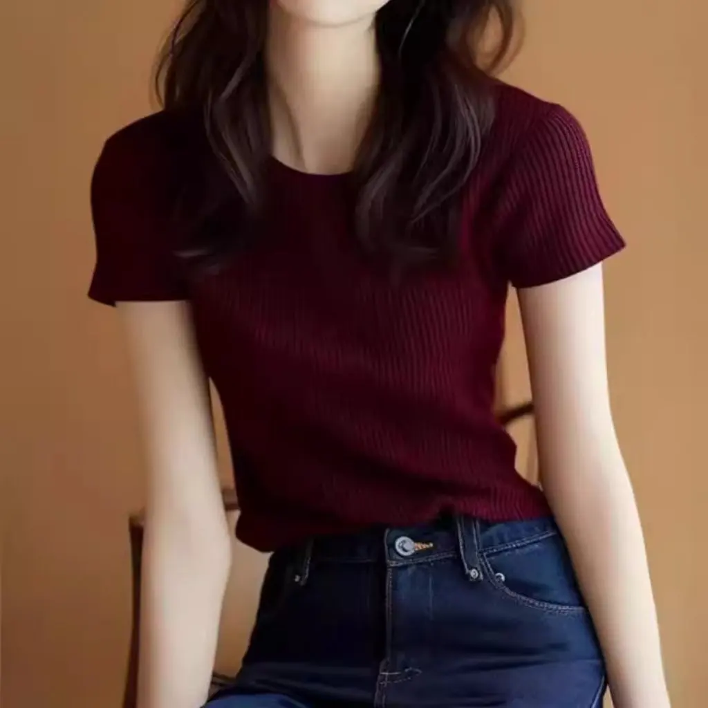

Women's Wine Red Knitted Short-Sleeved T-Shirt Sweet Casual Hong Kong Style Retro Shoulder Top New