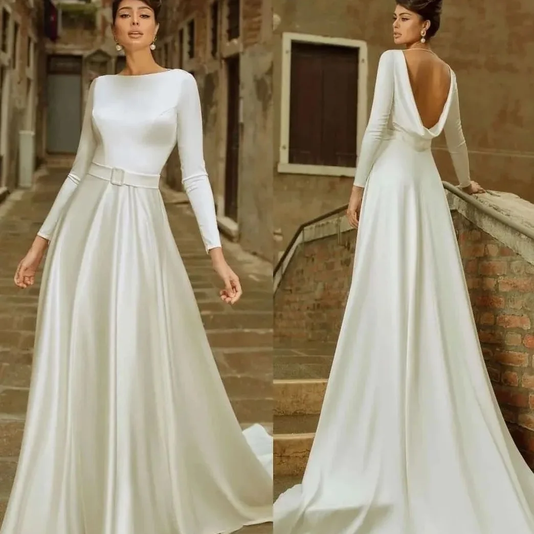 Customized Exquisite Satin A-Line Belt Evening Dresses Crew Neck Long Sleeves Open Back Panel Train Bespoke Occasion G