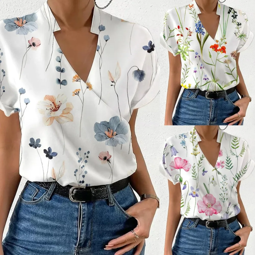 Fashion Summer Short Sleeve Print Shirt Blouse Women Elegant V-neck Pullover Shirts For Women 2023 Casual Loose Flower Top Femme
