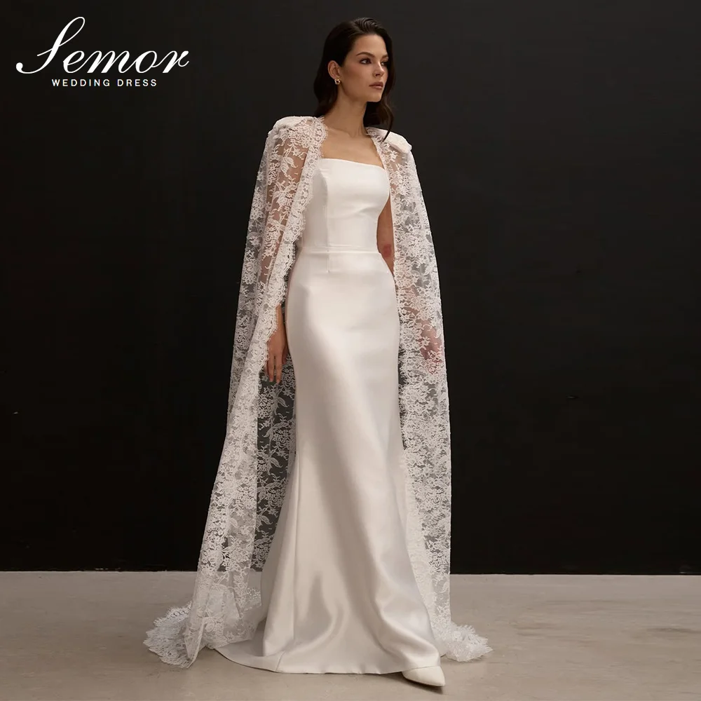Semor Elegant Strapless Sleeveless Long Wedding Dress with Detachable Lace shawl 2026 Stain Pleat Customized vestido de novia