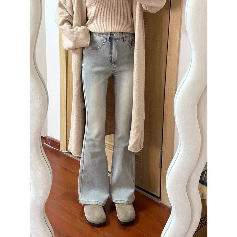 Fleece Light-colored Slightly Pulled Jeans for Women's 2026 Autumn Winter New Small Slim-fitting and Thin Horseshoe Flared Pants