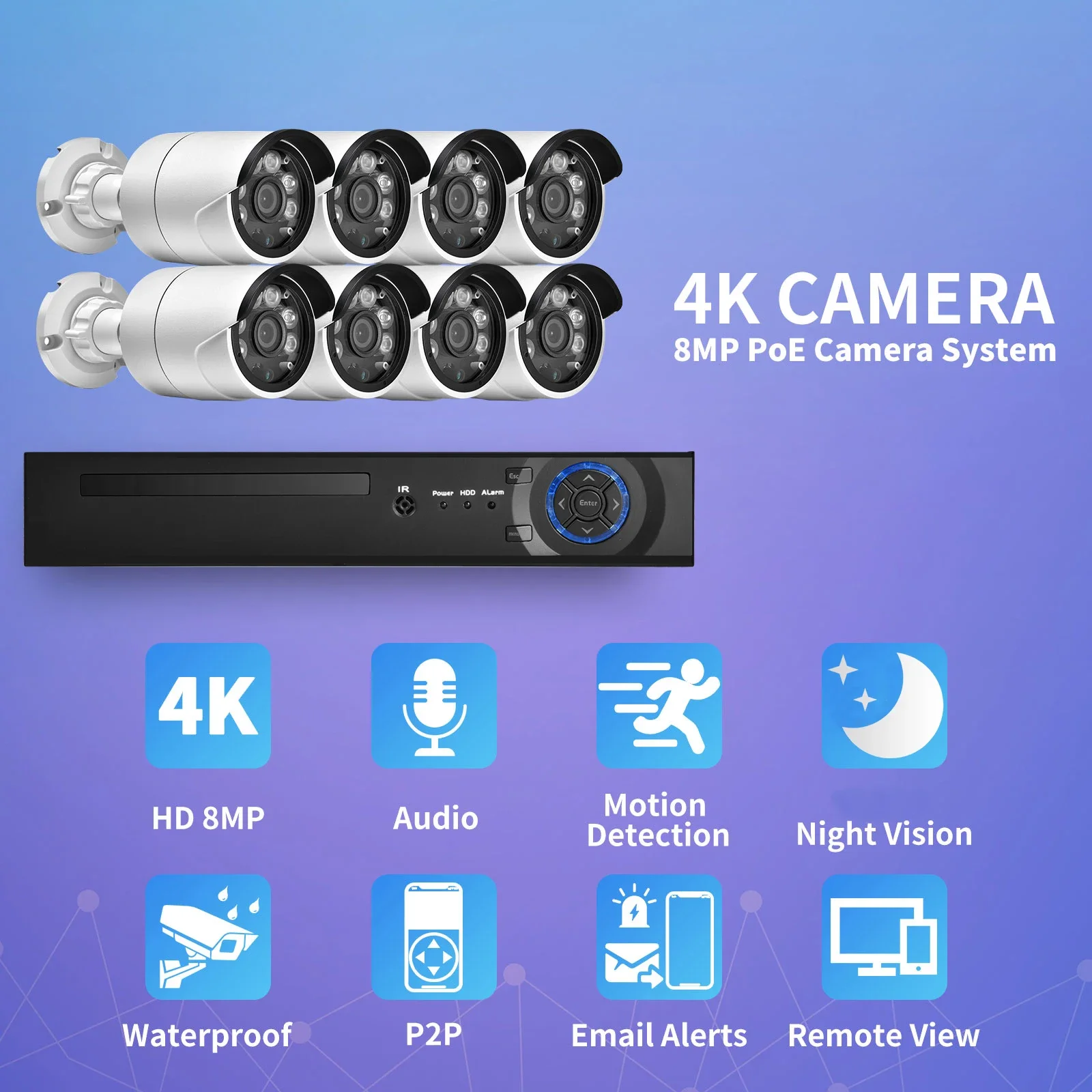 AZISHN 8MP HD 4K Security Camera System 8CH H.265 NVR Kit 2/4/6/8pcs Face Detect Outdoor Audio IP Camera CCTV Surveillance Set