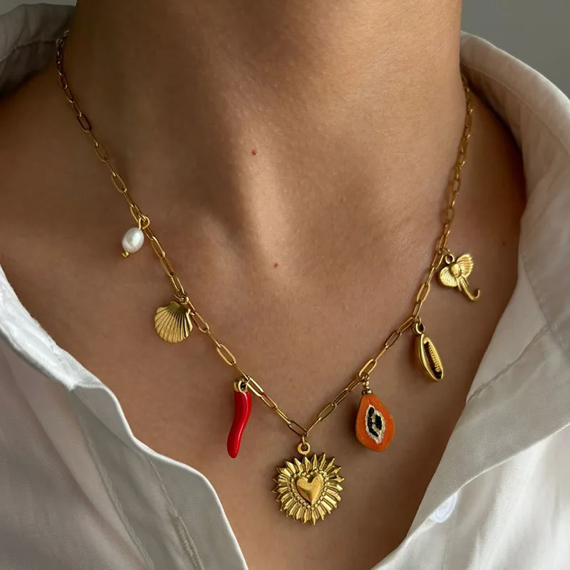 Shell pepper heart pearl charm necklaces for women stainless steel necklaces summer bohemia jewelry 2024