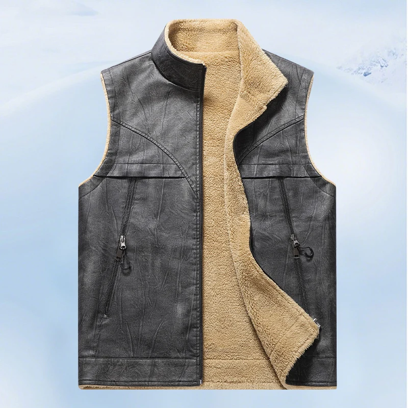 

Fashion PU Leather Waistcoat for Men Casual Thicken Warm Vests Jackets Comfortable Zipper Male Sleeveless Autumn Winter Trend
