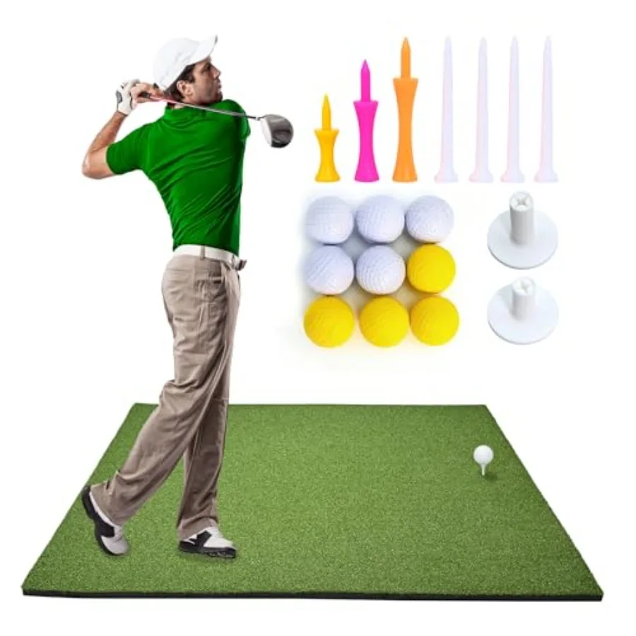 

Golf Hitting Mat 4.92x3.84ft - 31mm Thick Artificial Turf Hitting Mat with 9 Golf Balls+ 9 Tees, Heavy Duty Practice Pad for In