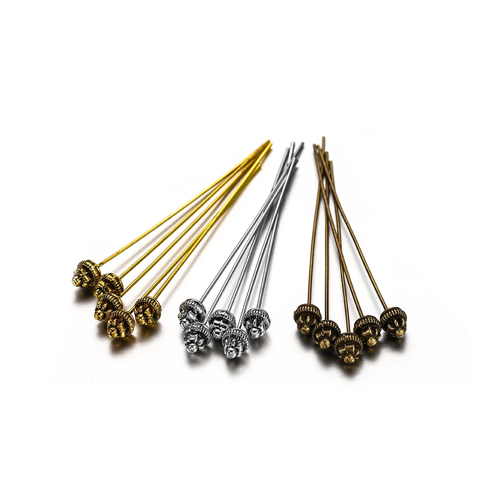 20 sztuk / partia 50 mm Antyczne srebrne szpilki z główką kwiatu do tworzenia biżuterii Diy Beads Ball Pins Needles Findings For DIY Earrings Jewelry
