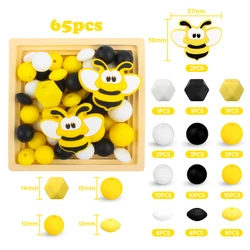 Juego de cuentas de silicona de abeja para bebé, cuentas hexagonales redondas para dentición, mordedor, chupete DIY, joyería de Chian, accesorio de enfermería, 65 unids/set