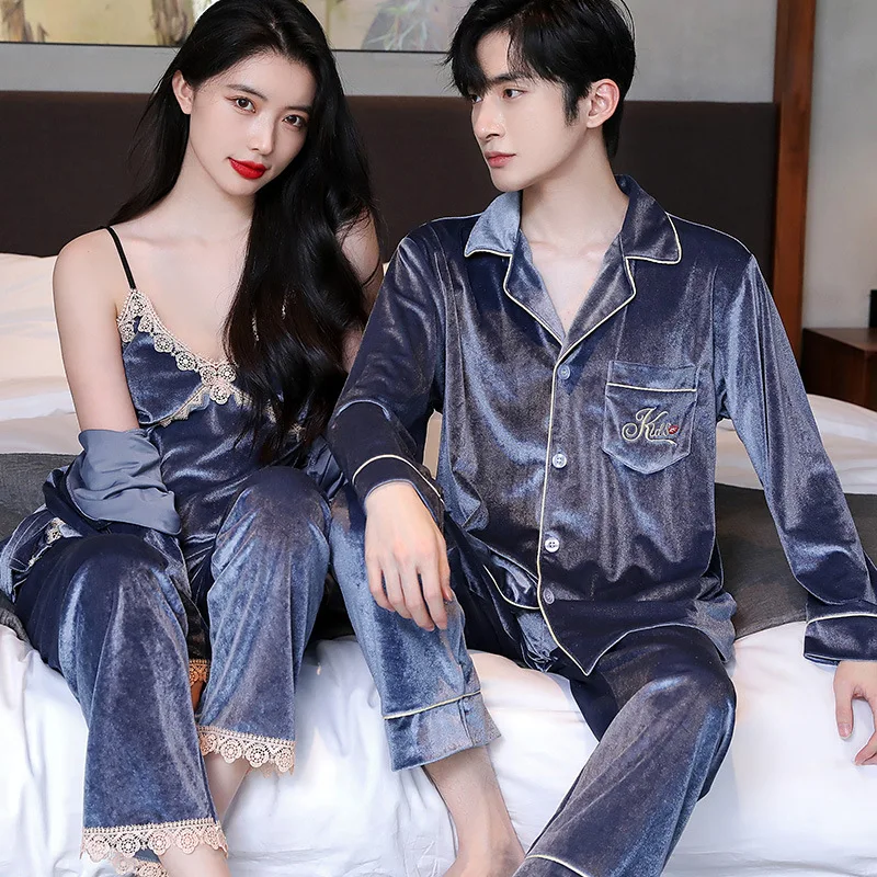 Couple Velvet Pajamas Suit Lovers Sleepwear Men 2Pcs Nightwear Autumn Women Velour Robe Sling Pants 3Pcs Home Wear