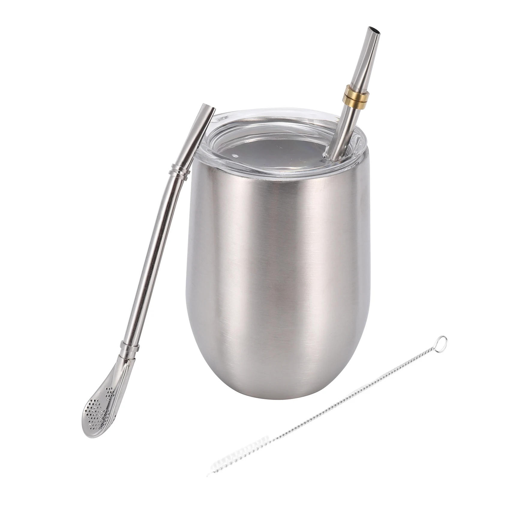 

Yerba Mate Gourd Tea Cup Set 12Oz,Double-Wall Stainless Coffee Water Cup with Lid 2 Bombillas Straws Spoon&Brush,Silver