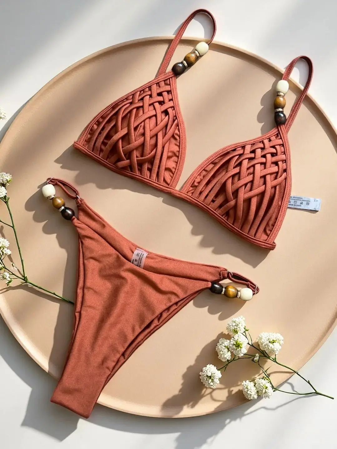 

Sexy Brown Bikini Set 2026 Women Pearls Strap Hole Out Push Up Bra Thong Swimsuit Brazilian Beach Bathing Suit Micro Swimwear